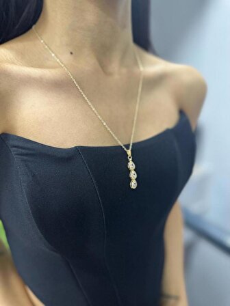 Kadın Çelik Gold 3'lü Uzun Model Nazar Boncuklu 50 cm Kadın Kolye