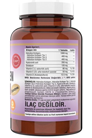 90 Tablet Hidrolize Collagen (kolajen) Type (tip) 1-2-3 Hyaluronic Acid Vitamin C &d Glutatyon