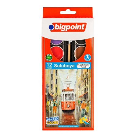 Bigpoint Suluboya 12+1 Renk (Değiştirilebilir Tablet) + Fırça Hediyeli