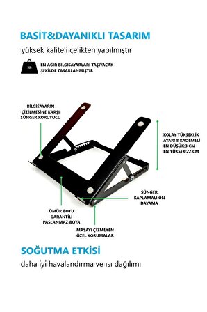 Yükseklik Ayarlı Çelik Laptop Standı Notebook Soğutucu Sehpası Yükseltici Stand-siyah-10/18.4 Inch