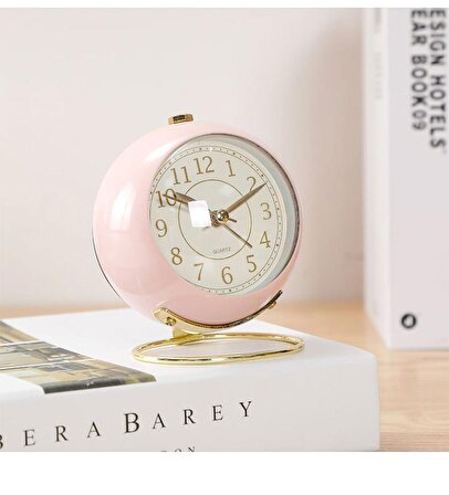 Yuvarlak Şık Tasarımlı Masa Saati Alarmlı Çalar Saat-pembe