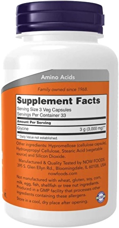 NOW Supplements, Glycine 1,000 mg Free-Form, Neurotransmitter Support*, 100 Veg Capsules