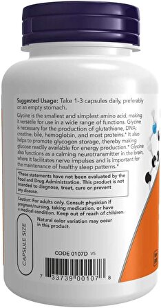 NOW Supplements, Glycine 1,000 mg Free-Form, Neurotransmitter Support*, 100 Veg Capsules