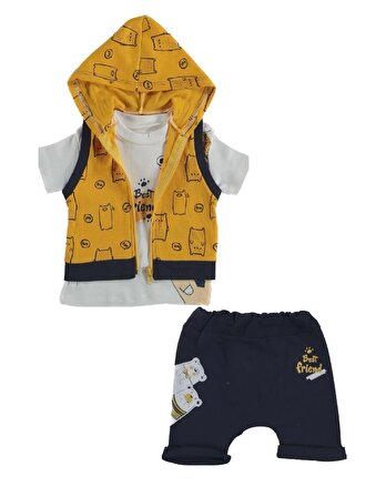 Erkek Bebek Hardal Renk Kapüşonlu Yelek Ayı Baskılı T-Shirt ve Lacivert Şort Yazlık 3 Parça Takım