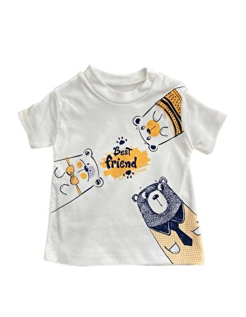Erkek Bebek Hardal Renk Kapüşonlu Yelek Ayı Baskılı T-Shirt ve Lacivert Şort Yazlık 3 Parça Takım