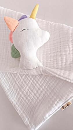 Sevimli Unicorn %100 Pamuklu Organik Müslin Uyku Arkadaşı/ Bebek Hediyelik / Oyuncak