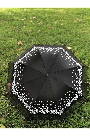 Rüzgarda Kırılmayan Kenarı Tüllü Papatya Desenli Siyah Kadın Şemsiye