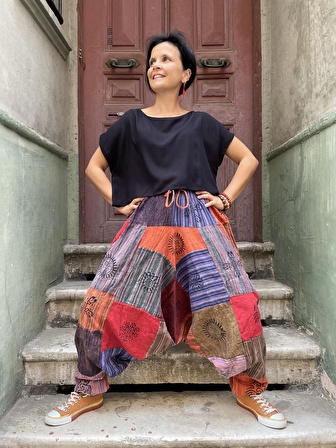  Unisex Nepal Patchwork Pantolon, Salaş Pantolon, Rahat Pantolon, Renkli Şalvar