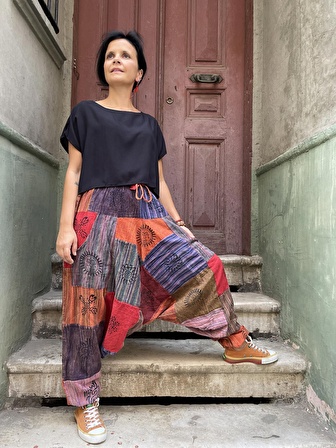  Unisex Nepal Patchwork Pantolon, Salaş Pantolon, Rahat Pantolon, Renkli Şalvar