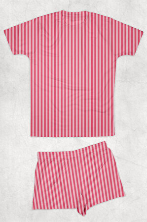 Pembe Çizgili Baskılı Pijama Takımı T-shirt ve Şort Takım
