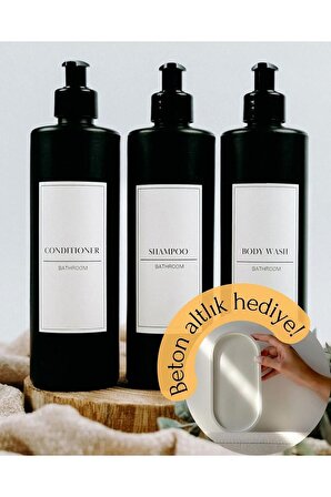 Mat Siyah Minimal - 3'lü Şampuan ve Duş Jeli Plastik Şişe 250 ml - Pompalı Plastik Şişe Banyo Seti