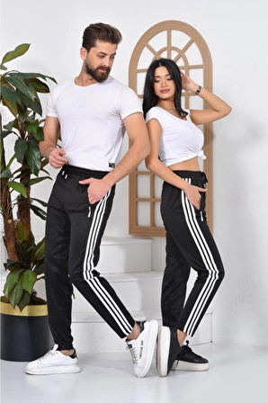 3 Şeritli Scuba Kumaş Paçası Lastikli Unisex Siyah Eşofman Altı