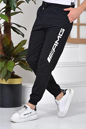 Baskılı Siyah Renk Unisex Paçası Lastikli Slim Fit Jogger Eşofman Altı