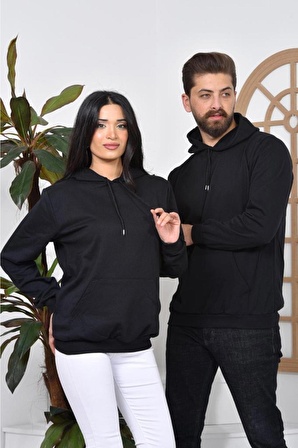 Unisex Şardonlu Kanguru Cepli Kapüşonlu Siyah Sweatshirt