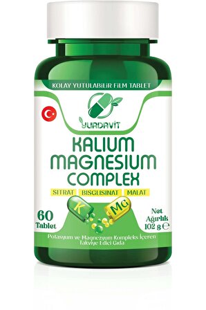 Yurdavit Kalium Magnesium Complex 60 Tablet Potasyum Magnezyum Sitrat Malat Bisglisinat Kompleks 