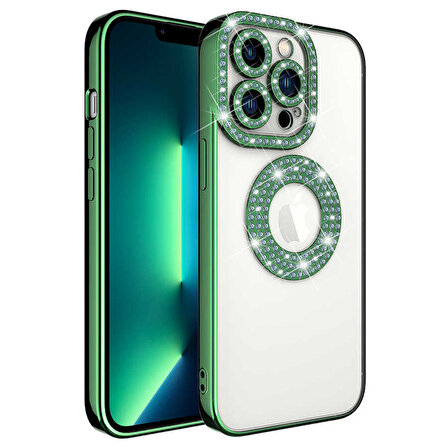 Iphone 12 Pro Max Kılıf Kamera Korumalı Taşlı Parlak Logo Açık Seffaf Kadın Kapak