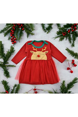 Kız Bebek yılbaşı noel geyik desenli tütülü elbise kırmızı