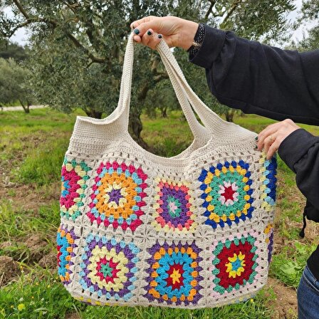 Renkli El Yapımı Tığ İşi Örgü Kadın Omuz Çantası 