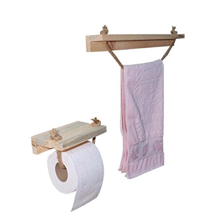 Barış Dizayn Doğal Ahşap Banyo Havluluk Tuvalet Kağıtlığı Havlupan Jüt İpli 2li Set