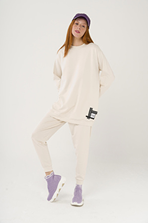 
S-3991 Slogan Nakışlı Basic Oversize Sweatshirt Takım