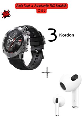 Amoled Ekran Smart Watch 3 Strap&Bluetooth TWS 2 in 1