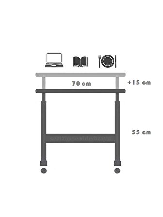 Yükseklik Ayarlı Laptop Sehpası Ve Çalışma Masası - Antrasit (TEKERLİ) Oval Kenar - 70x40