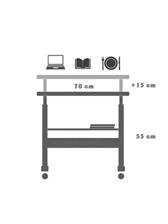 Yükseklik Ayarlı ve Çift Raflı Laptop Sehpası Ve Çalışma Masası - Ceviz (Tekerli) 70 X 40 Cm