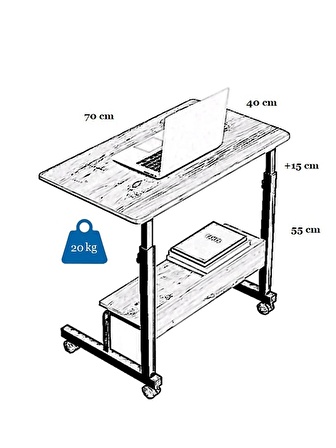 Yükseklik Ayarlı Raflı Laptop Sehpası Ve Çalışma Masası - Atlantik Çam Beyaz (TEKERLİ) 70x40