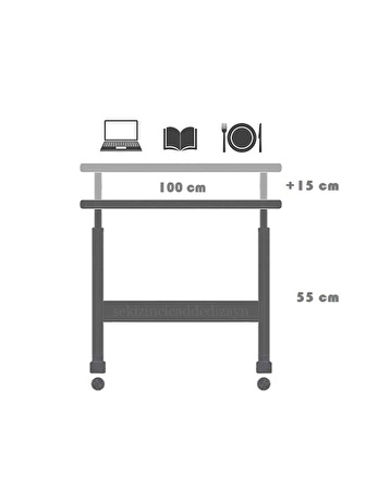 Yükseklik Ayarlı Çalışma Masası - Ceviz (TEKERLİ) 100x50 Oval Kenar