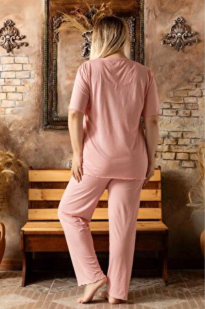 Bambu Pamuk V Yaka Kısa Kol Büyük Beden Kadın Pijama Takımı Lukitus