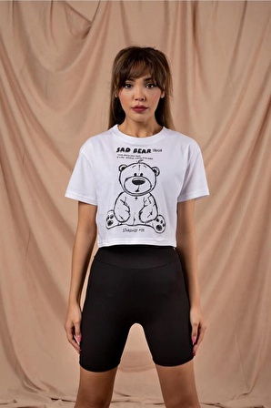 Kadın Basic Sad Bear Bisiklet Yaka Crop Top Tişört Kadın Crop Kadın Tişört