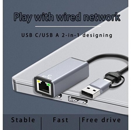 2 In 1 Type-C & USB 3.0 Çiftli Ethernet RJ45 Windows Macbook Uyumlu Çevirici Hub Adaptör