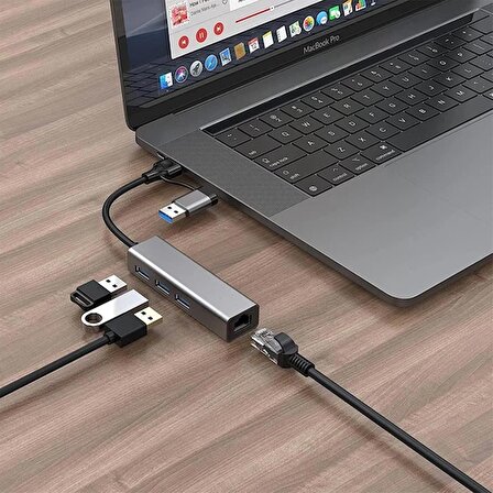 USB ve Type-C Hub Adaptör To 3x USB 3.0 + RJ45 Ethernet Çevirici Dönüştürücü Combo