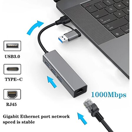 USB ve Type-C Hub Adaptör To 3x USB 3.0 + RJ45 Ethernet Çevirici Dönüştürücü Combo