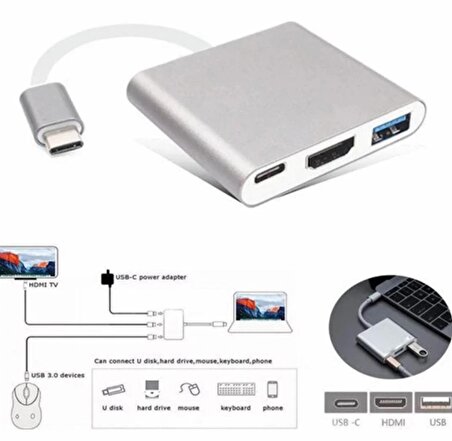 Macbook Uyumlu 4K Full Hd 1080P Type C To 3 Portlu HDMI - USB 3.0 - Pd Çevirici Hub Adaptör3'in 1 Dönüştürücü