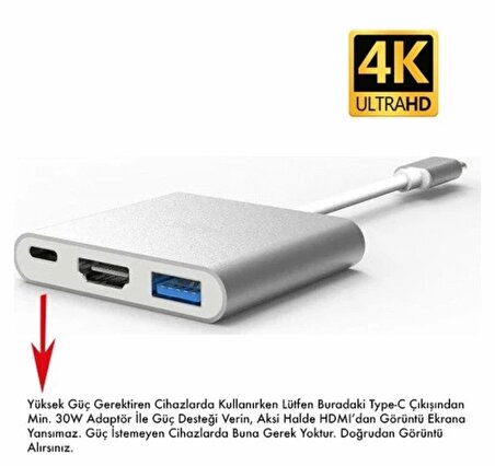 Macbook Uyumlu 4K Full Hd 1080P Type C To 3 Portlu HDMI - USB 3.0 - Pd Çevirici Hub Adaptör3'in 1 Dönüştürücü