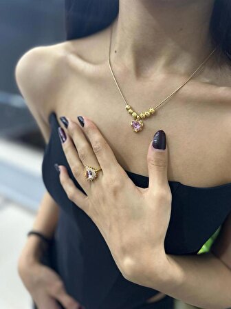 Kadın Çelik Üzeri Gold Kaplama Sevgililer Günü Zirkon Taşlı Pembe Kalp Kolye 55 cm