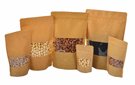 Doypack Pencereli Kraft Delikli Kilitli Kese Kağıdı - Orta Boy - 16x27x8 Cm. - 20 Adetlik 10 Paket