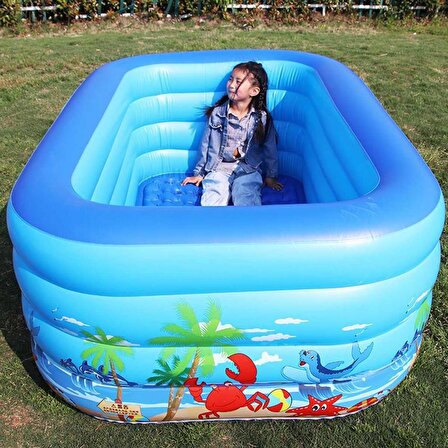 Mavi 130 cm Şişme Çocuk Havuzu, Yumuşak Tabanlı Minik Çocuk Havuzu, Şişme Oyun Havuzu 