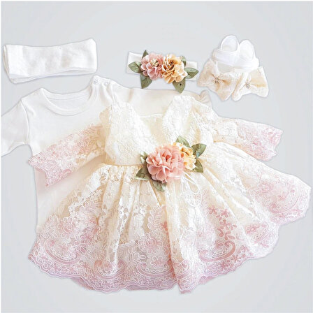 Kız Bebek Mevlüt Elbisesi Gelinlik Fransız Dantelli Takım 10098-MN
