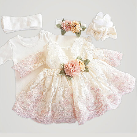 Kız Bebek Mevlüt Elbisesi Gelinlik Fransız Dantelli Takım 10098-MN
