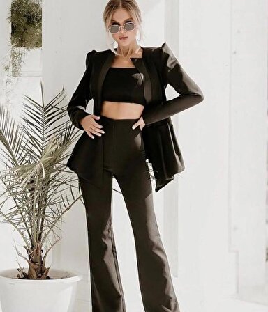 Siyah Dalgıç Kumaş İçi Astarlı Büstiyer Ceket Pantolon 3 lü Şık Takım Elbise