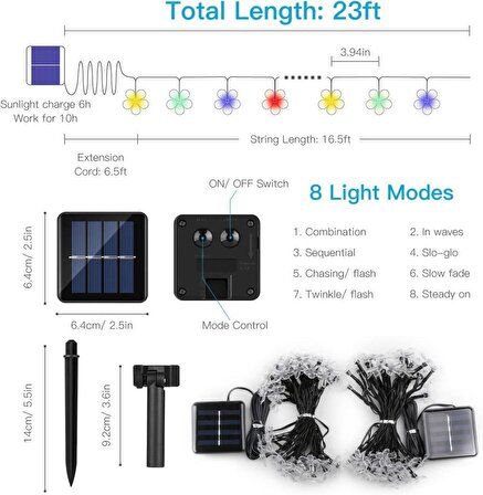 6.5 Metre 1 Adet Renkli Çiçek Solar Dış Mekan Işıkları, Güneş Enerjili LED Işıklar
