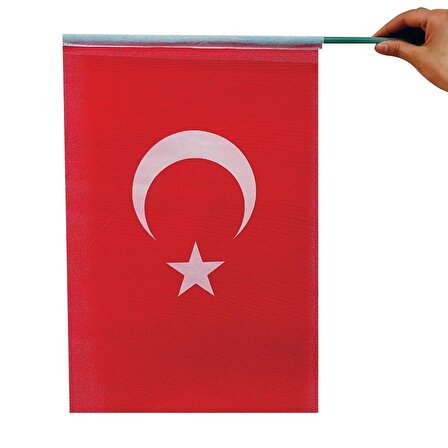 (10 Adet ) 30x45 Cm Pikment Raşel Kumaş Sopalı Türk Bayrağı - 10 Adet - Kırmızı_30x45