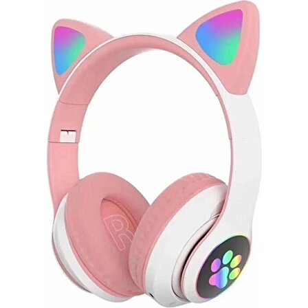DESİNGSHOP Kedi Kulağı Detaylı Bluetooth Kablosuz Rengarenk Işıklı Rgb Pembe Oyuncu Kulaklık