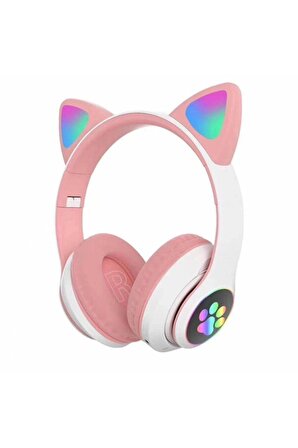 Bass A Kalite Kedi Kulağı Detaylı Bluetooth Kablosuz Rengarenk Işıklı Pembe Oyuncu Kulaklık