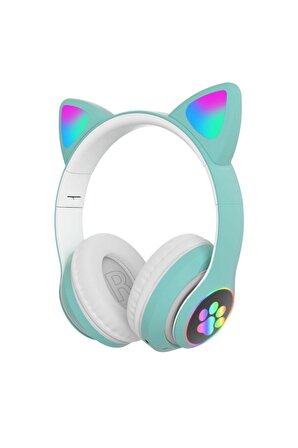 Bass A Kalite Kedi Kulağı Detaylı Bluetooth Kablosuz Rengarenk Işıklı Yeşil Oyuncu Kulaklık