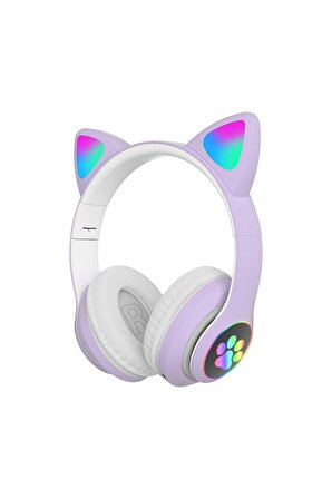 Bass A Kalite Kedi Kulağı Detaylı Bluetooth Kablosuz Rengarenk Işıklı Mor Oyuncu Kulaklık
