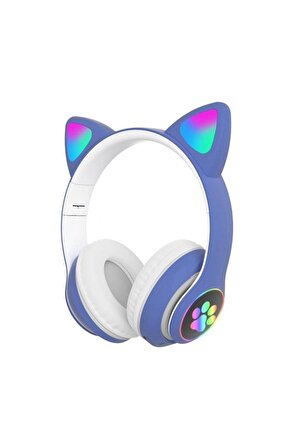 Bass A Kalite Kedi Kulağı Detaylı Bluetooth Kablosuz Rengarenk Işıklı Mavi Oyuncu Kulaklık
