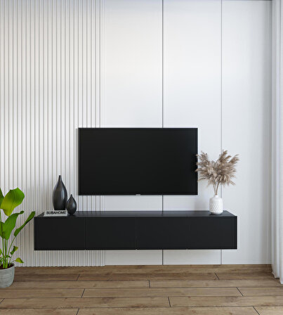 Duvara Monte Modern Minimalist Siyah Tv Ünitesi Mdf 160 cm